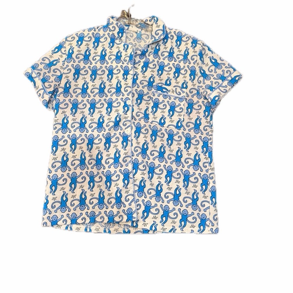 Blue and White Patterned Short Sleeve Shirt